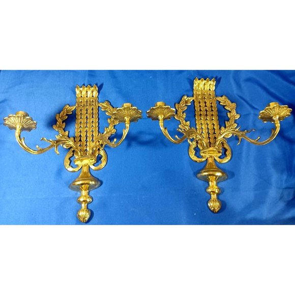 Vtg Gold Brass Wall Sconces 2 Arm Candelabra Mid Century Laurel Acanthus Leaves - Picture 4 of 9